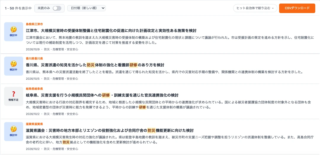 検索結果の画面イメージ。自治体ごとに議題と答弁の要旨が並びます